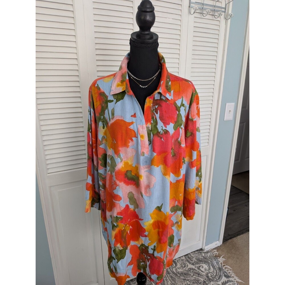 Joie Linen Tunic Women's 2X Orange Floral V-Neck 3/4 Sleeve Blouse Coastal Vacay